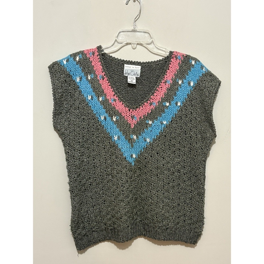 VTG 90s Wye Oaks Knit Sweater Vest‎ M Handcrafted Gray Pink Blue Chunky Twee